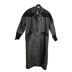 Greg Bell Women Black Leather Long Coat Paisley & Suede Trim Vintage Size Medium